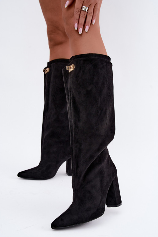 Warmes kniehohes Stiefel mit doppeltem Schaft und Absätzen, schwarz, aus Kunstveloursleder Luminelle