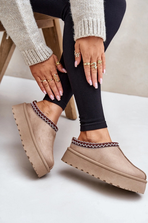Sandfarbene Damen niedrige Schneestiefel mit gestickten Ringen auf Plattform Įjungtarirya