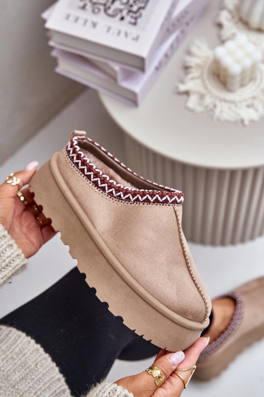 Sandfarbene Damen niedrige Schneestiefel mit gestickten Ringen auf Plattform Įjungtarirya