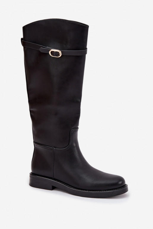Schwarze Damenstiefel über dem Knie mit breiten Absätzen und goldenen Schnallen Sylvena