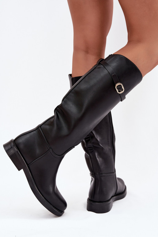 Schwarze Damenstiefel über dem Knie mit breiten Absätzen und goldenen Schnallen Sylvena