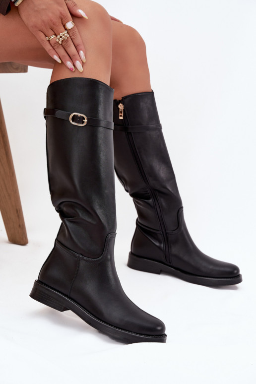 Schwarze Damenstiefel über dem Knie mit breiten Absätzen und goldenen Schnallen Sylvena