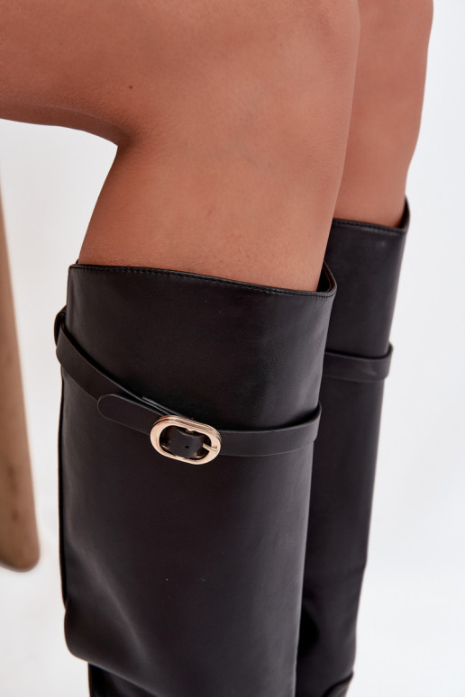 Schwarze Damenstiefel über dem Knie mit breiten Absätzen und goldenen Schnallen Sylvena