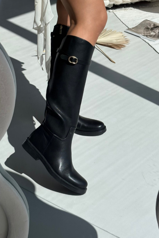 Schwarze Damenstiefel über dem Knie mit breiten Absätzen und goldenen Schnallen Sylvena