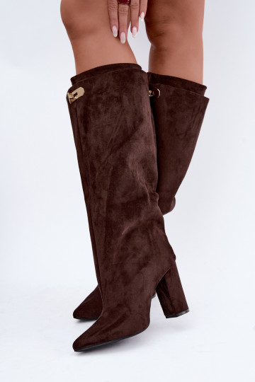 Warmen kniehohe Stiefel mit doppeltem Schaft und Absatz in Schokoladenfarbe aus Veloursleder Luminelle 2