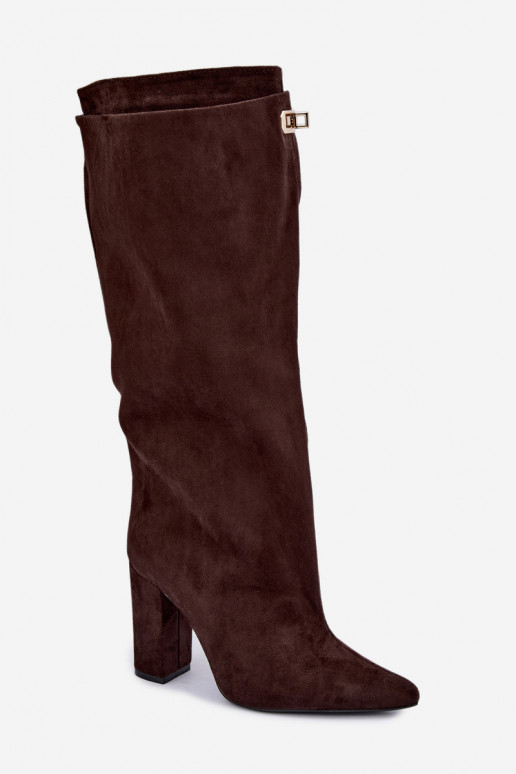 Warmen kniehohe Stiefel mit doppeltem Schaft und Absatz in Schokoladenfarbe aus Veloursleder Luminelle