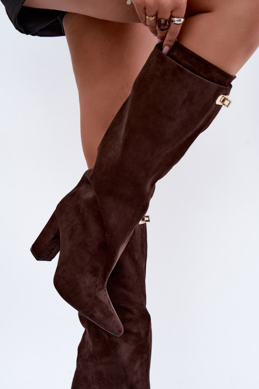 Warmen kniehohe Stiefel mit doppeltem Schaft und Absatz in Schokoladenfarbe aus Veloursleder Luminelle