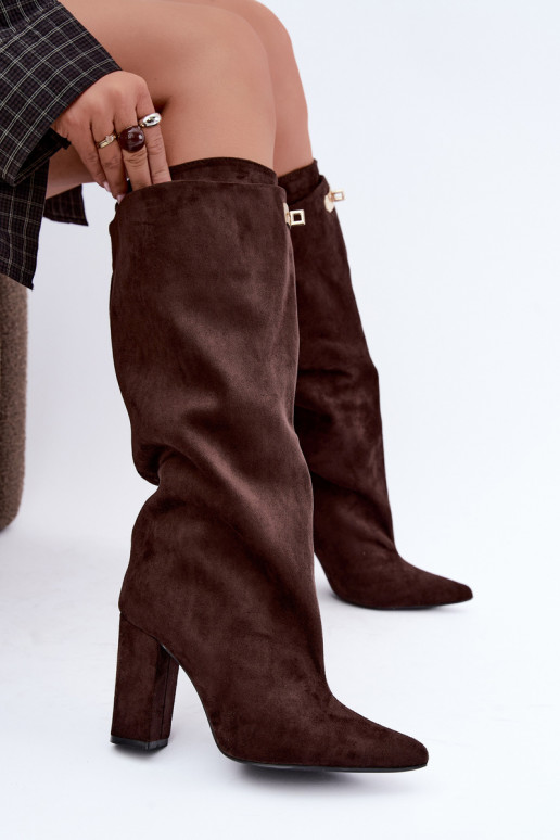 Warmen kniehohe Stiefel mit doppeltem Schaft und Absatz in Schokoladenfarbe aus Veloursleder Luminelle