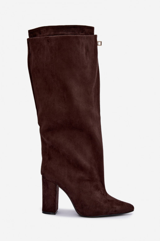 Warmen kniehohe Stiefel mit doppeltem Schaft und Absatz in Schokoladenfarbe aus Veloursleder Luminelle