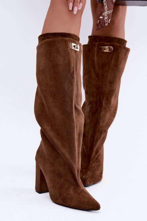 Warmen kniehohe Stiefel mit doppeltem Schaft und Absatz in brauner Farbe aus Veloursleder Luminelle