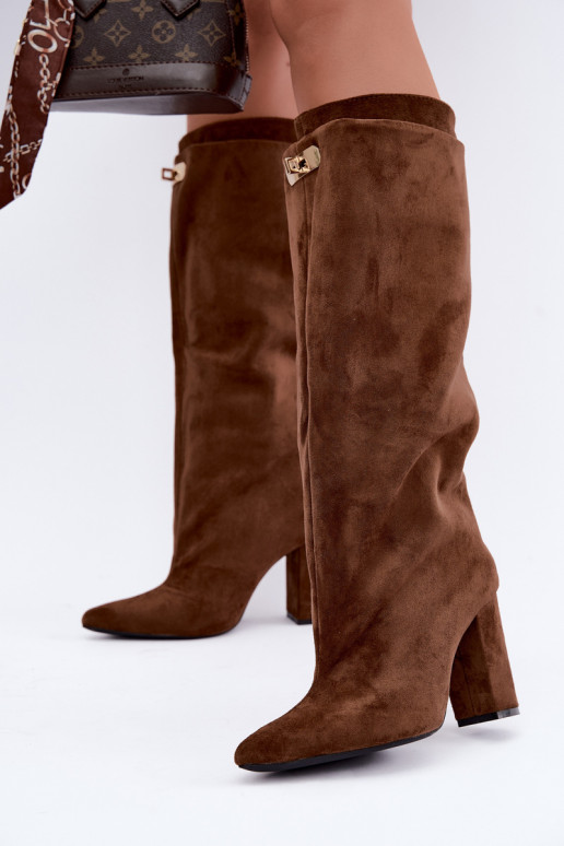 Warmen kniehohe Stiefel mit doppeltem Schaft und Absatz in brauner Farbe aus Veloursleder Luminelle