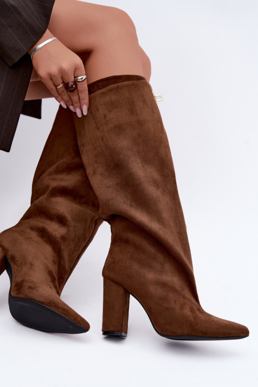 Warmen kniehohe Stiefel mit doppeltem Schaft und Absatz in brauner Farbe aus Veloursleder Luminelle