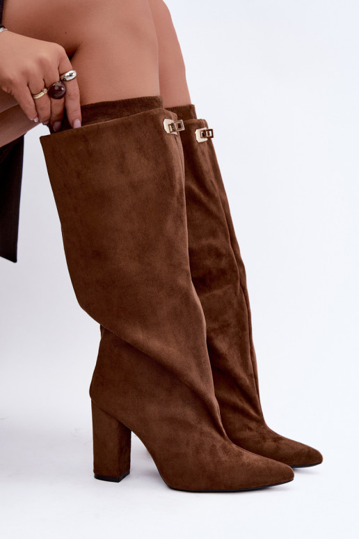 Warmen kniehohe Stiefel mit doppeltem Schaft und Absatz in brauner Farbe aus Veloursleder Luminelle