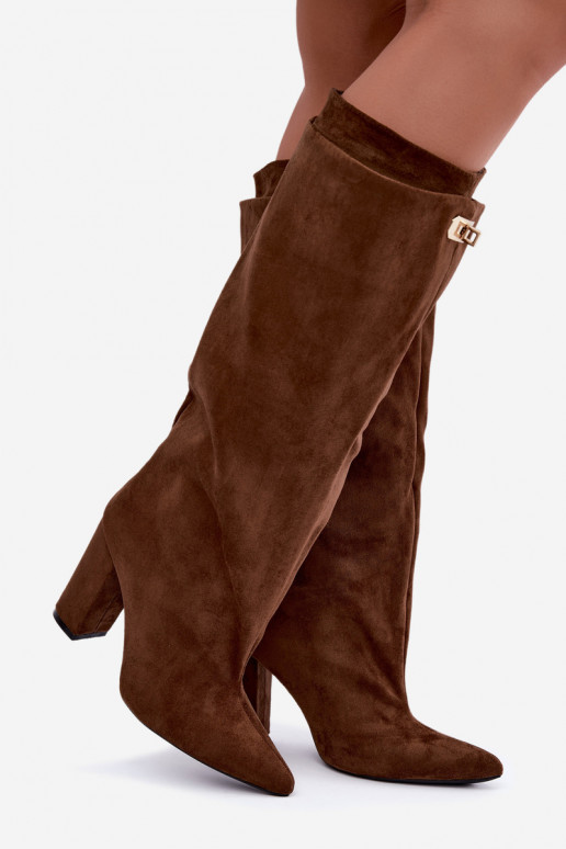 Warmen kniehohe Stiefel mit doppeltem Schaft und Absatz in brauner Farbe aus Veloursleder Luminelle