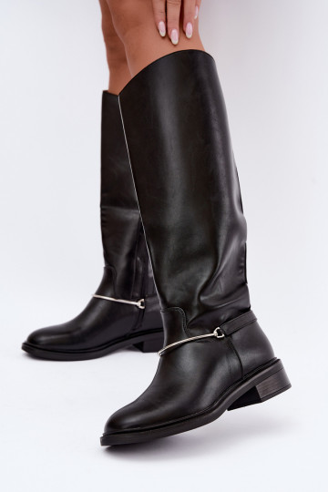Hohe Stiefel mit breiten Absätzen und dekorativen Schleifen in schwarzer Farbe INillene 2