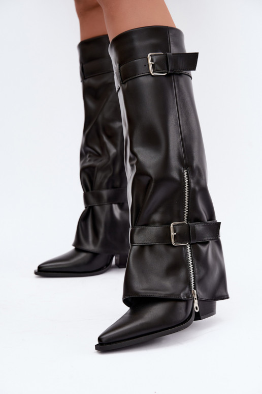 Hohe Stiefel mit Absatz und Schnürung mit Bändern und Schnallen in schwarzer Farbe Amorette