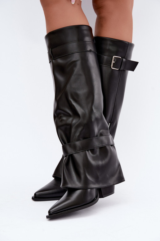 Hohe Stiefel mit Absatz und Schnürung mit Bändern und Schnallen in schwarzer Farbe Amorette