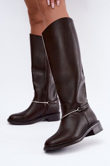 Hohe Stiefel mit breiten Absätzen und dekorativen Schleifen in Schokoladenfarbe INillene 2