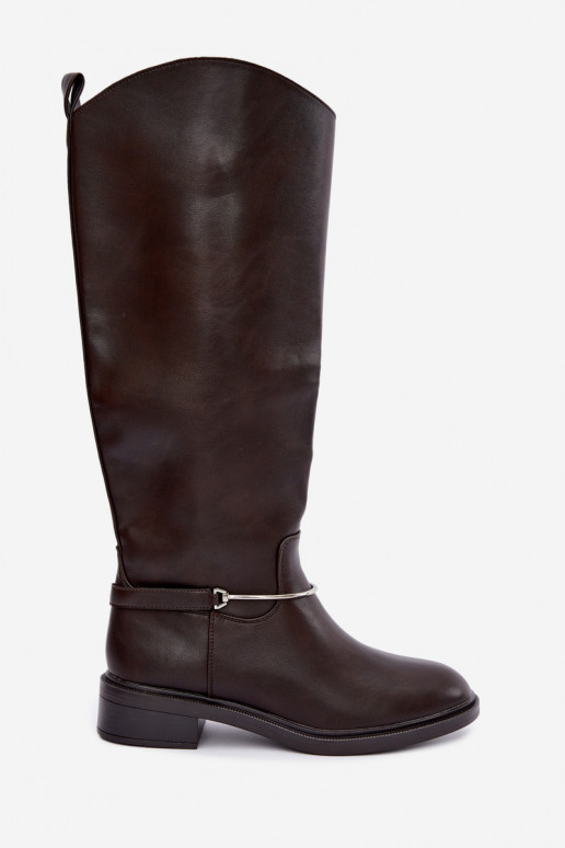 Hohe Stiefel mit breiten Absätzen und dekorativen Schleifen in Schokoladenfarbe INillene