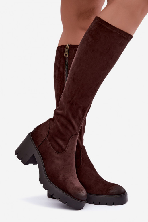 Stiefel über dem Knie aus Kunstveloursleder mit Absatz in schokoladenfarbe Vinceza 58332