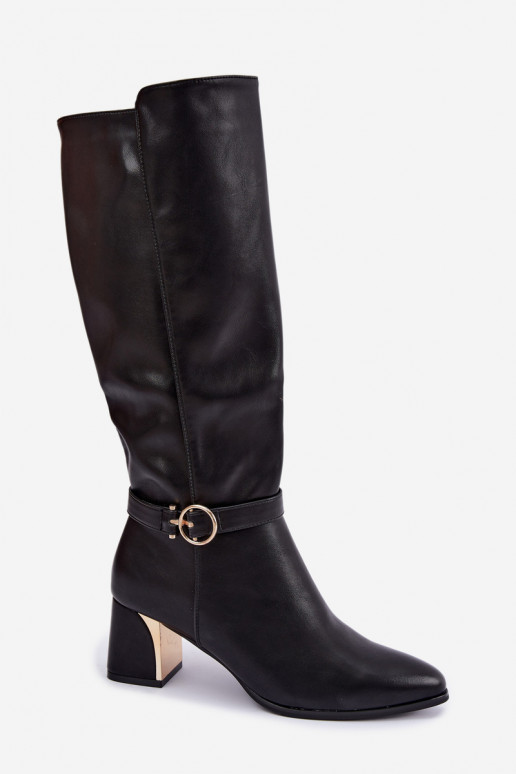 gefütterte lange Stiefel mit Absatz und verzierten Absätzen in schwarzer Farbe Senvia