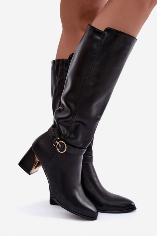 gefütterte lange Stiefel mit Absatz und verzierten Absätzen in schwarzer Farbe Senvia