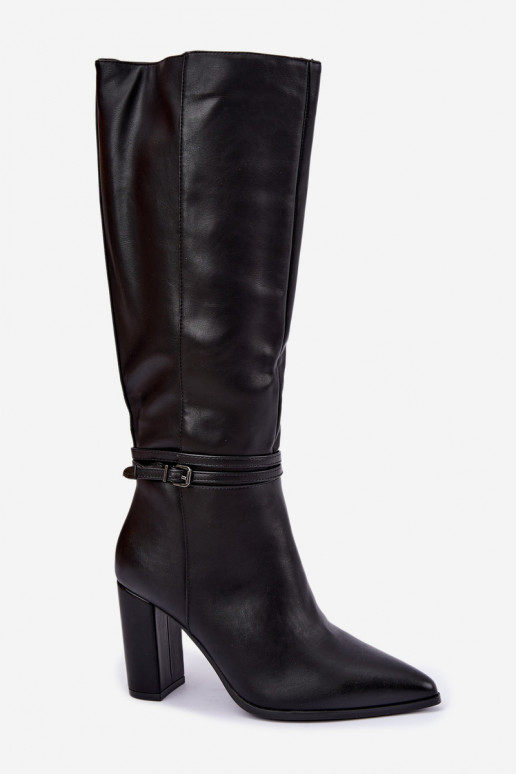 Schwarze gefütterte kniehohe Stiefel mit Absatz und Riemen Abriselle