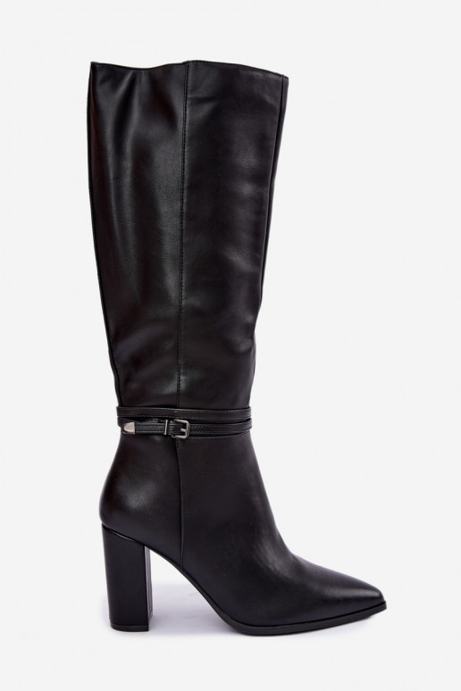 Schwarze gefütterte kniehohe Stiefel mit Absatz und Riemen Abriselle
