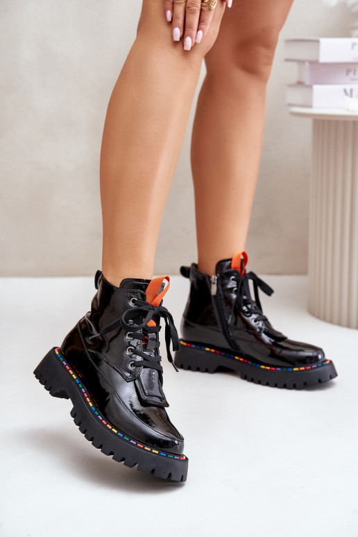 Leder Arbeitsstiefeletten mit Lackeffekt schwarz Anafra