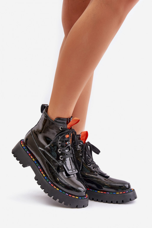 Leder Arbeitsstiefeletten mit Lackeffekt schwarz Anafra