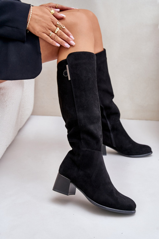 Kniehohe Stiefel mit Absatz aus Kunstveloursleder schwarz Izanae
