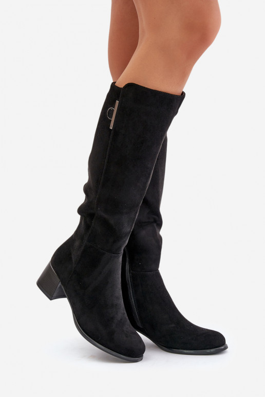 Kniehohe Stiefel mit Absatz aus Kunstveloursleder schwarz Izanae