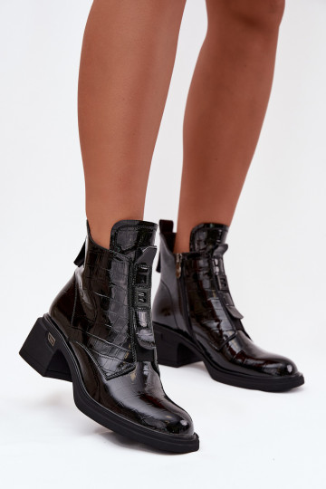 mit Lackeffekt Haut Damenstiefel mit Aufdruck Klocke schZuarze Farbe Lorenza 2