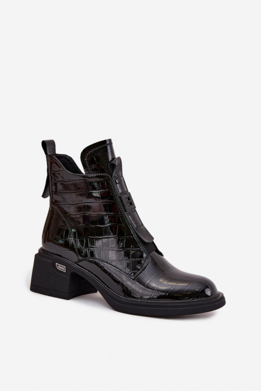 Leder Damen Stiefeletten mit geprägtem Detail schwarz Lorenza