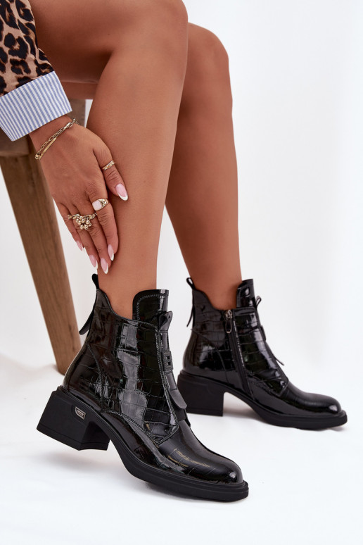 Leder Damen Stiefeletten mit geprägtem Detail schwarz Lorenza