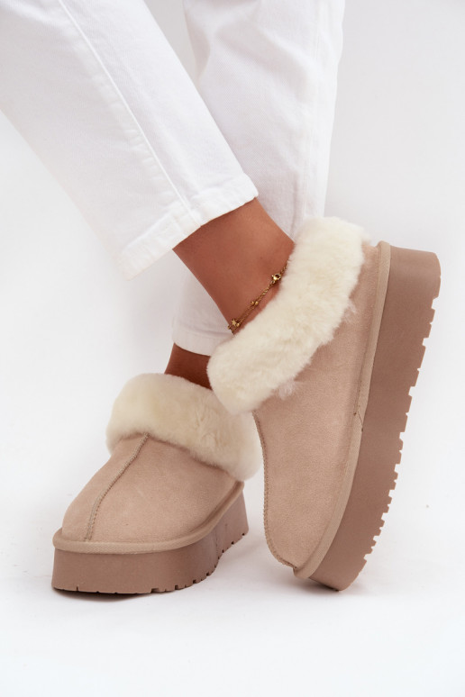 Sandfarbene Damen-Schneestiefel aus Kunstveloursleder mit Fell Mivelle