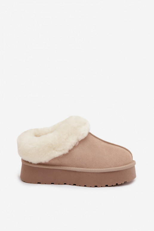 Sandfarbene Damen-Schneestiefel aus Kunstveloursleder mit Fell Mivelle