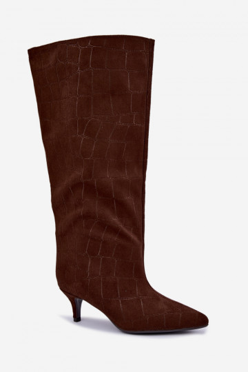 Braune Überknie-Stiefel zum Hineinschlüpfen mit geprägten Details und Absätzen Cazelle