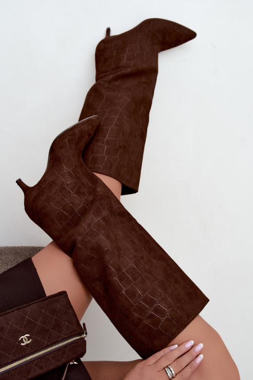 Braune Überknie-Stiefel zum Hineinschlüpfen mit geprägten Details und Absätzen Cazelle