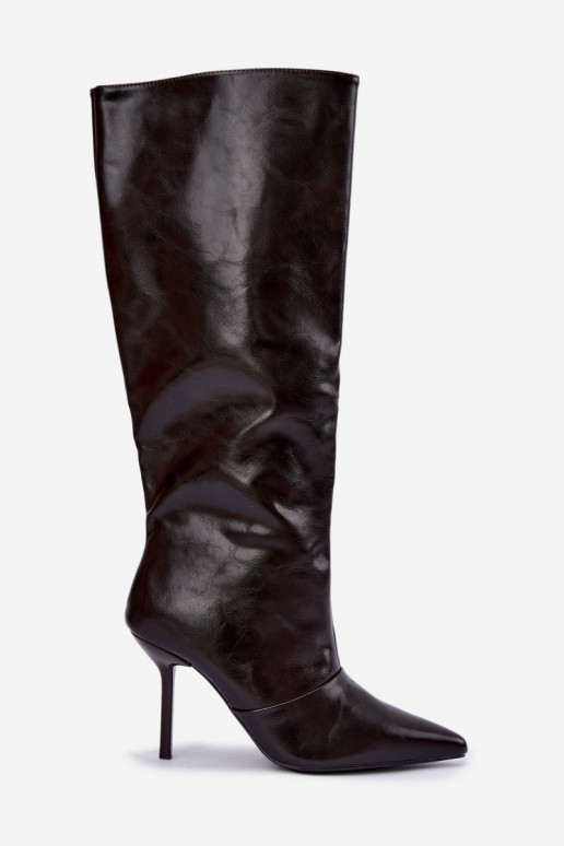 Warme Überknie-Stiefel mit dünnen Absätzen in Schokoladenfarbe Fenoria