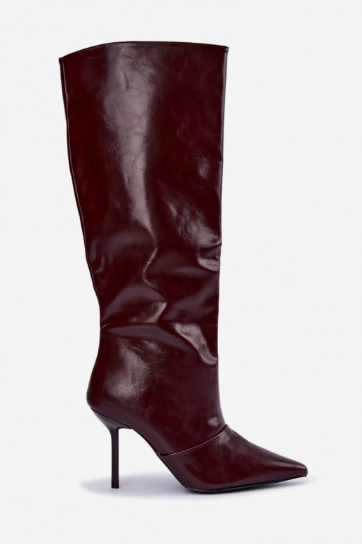 Warme Überknie-Stiefel mit dünnen Absätzen in Bordeauxfarbe Fenoria