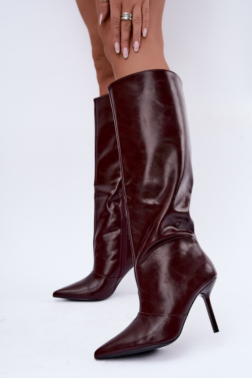Warme Überknie-Stiefel mit dünnen Absätzen in Bordeauxfarbe Fenoria