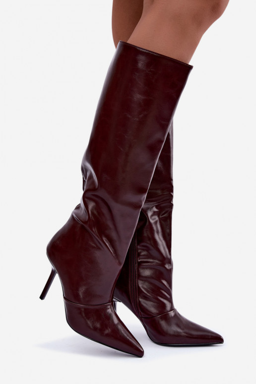 Warme Überknie-Stiefel mit dünnen Absätzen in Bordeauxfarbe Fenoria