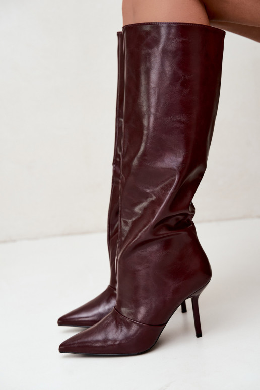Warme Überknie-Stiefel mit dünnen Absätzen in Bordeauxfarbe Fenoria