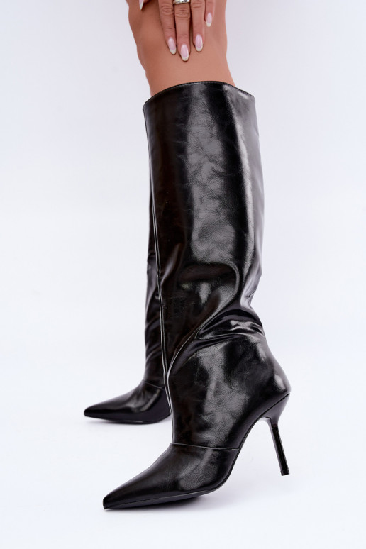 Warme Überknie-Stiefel mit dünnen Absätzen in schwarzer Farbe Fenoria