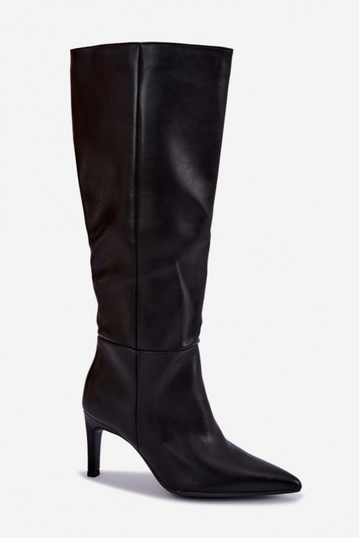 Wärmende hohe Stiefel mit Rüschen und Absätzen in Schwarz Rodeline