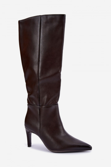 Wärmende hohe Stiefel mit Rüschen und Absätzen in Schokolade Rodeline