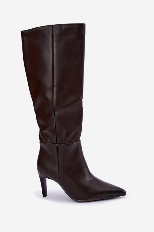 Wärmende hohe Stiefel mit Rüschen und Absätzen in Schokolade Rodeline
