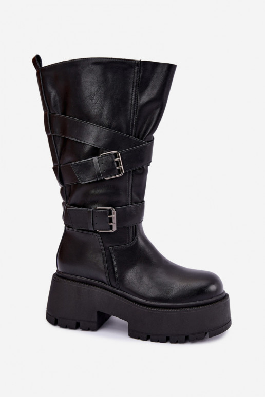 Hohe Stiefel mit Plattform und Riemen in Schwarz Delsenne