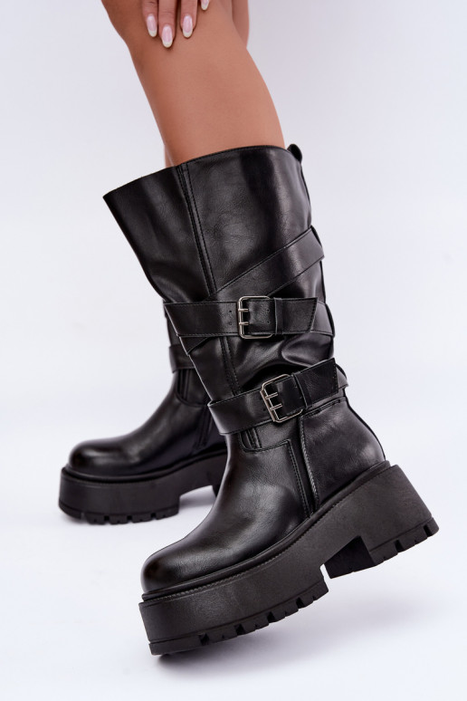 Hohe Stiefel mit Plattform und Riemen in Schwarz Delsenne